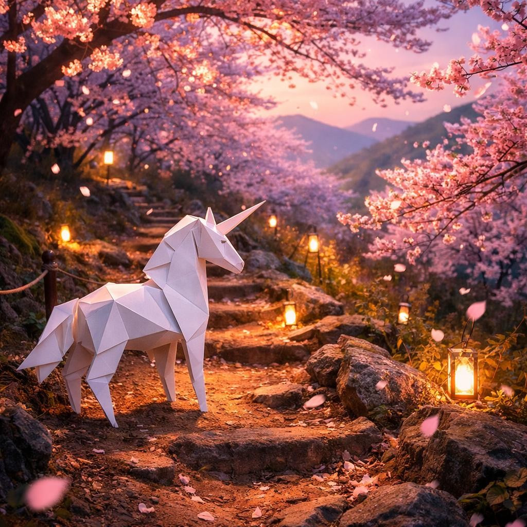 White origami unicorn on stone path with cherry blossoms and lanterns