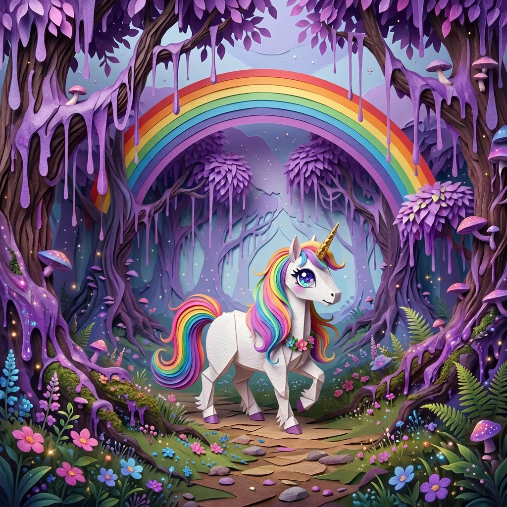 Unicorn with rainbow mane walking in a glowing purple forest with rainbow overhead